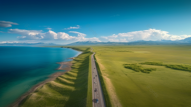 鲜绿色的草地和蓝天下的道路延伸到天际实拍摄影图,高清,摄影图,摄影图片,图片大全,摄影图免费下载